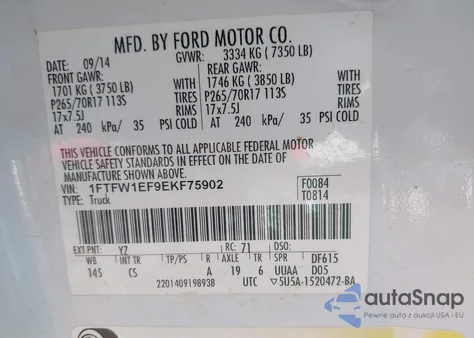 2014 Ford F-150 Xl из США, поврежденный, VIN 1FTFW1EF9EKF75902